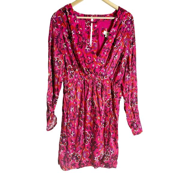 Maeve Anthropologie Pink Floral Print Long Sleeve Wrap Mini Dress Size Medium - Picture 4 of 16